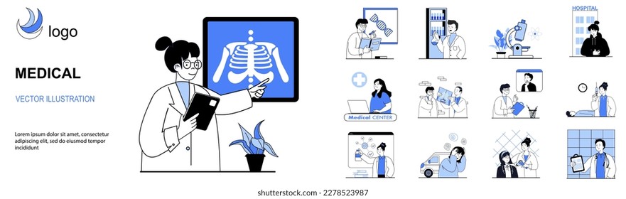 Medical concept with character situations collection. Bundle of scenes people working as doctors and nurses, making lab tests, consulting patients at hospital. Vector illustrations in flat web design