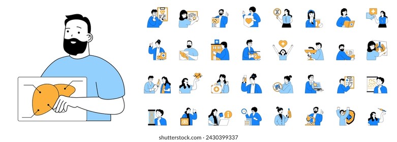 Medical concept with character situations mega set in flat web design. Bundle of scenes people visiting doctor at hospital, getting diagnostic and rehabilitation at clinic. Vector illustrations.