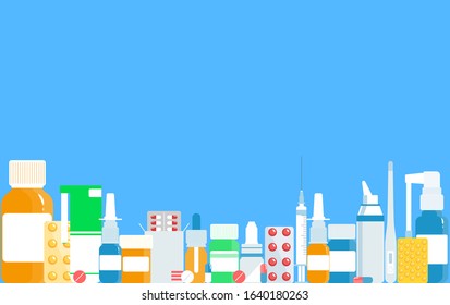 Medical concept. Cold, flu, cough drugs: medicinal syrup, nose spray, throat spray, pills, capsules. Vector illustration in a flat style.