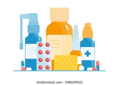 Medical concept. Cold, flu, cough preparations: medicinal syrup, nose spray, throat spray, pills, capsules on a white background. Vector illustration in a flat style.