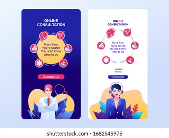 Medical concept, coronavirus flu epidemic, communication with a doctor online help, consultation, news, service, population support, mobile app page template, website interface layout,