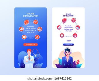 Medical concept, coronavirus flu epidemic, communication with a doctor online help, consultation, news, service, population support, mobile app page template, website interface layout,