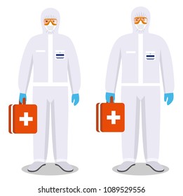 Medical concept. Couple of man and woman in protective suits standing together on white background in flat style. Dangerous profession. Virus, infection, epidemic, quarantine. Vector illustration.