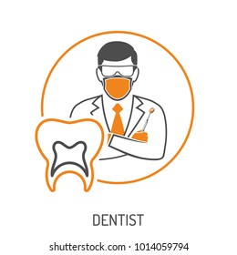 Medical concept with dentist character, dental mirror and tooth. Flat style two color icons. Isolated vector illustration