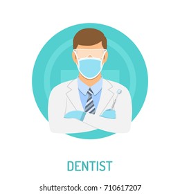 medical concept with dentist character and dental mirror flat icons. isolated vector illustration