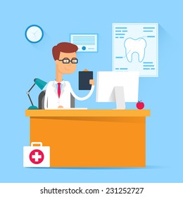 Medical Concept - Dentist Sitting At The Table In His Office. Vector Illustration, Flat Style