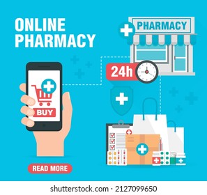 Medical concept design flat. Web banner, infographics. Online pharmacy. Vector illustration