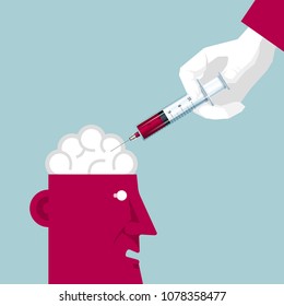 Medical concept design, hand holding syringe to inject drugs into the brain.