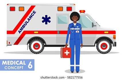 Medical concept. Detailed illustration of african american emergency doctor woman and ambulance car in flat style on white background. Vector illustration