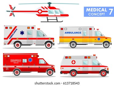 Medical concept. Detailed illustration of ambulance cars and helicopter in flat style on white background. Vector illustration
