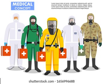 Medical concept. Detailed illustration different doctors in differences protective suits and masks on white background in flat style. Dangerous profession. Virus, infection, epidemic, quarantine.