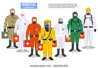  Concepto médico. Ilustración detallada de diferentes doctores en diferentes trajes de protección y máscaras sobre fondo blanco en estilo plano. profesión peligrosa. Virus, infección, epidemia, cuarentena.