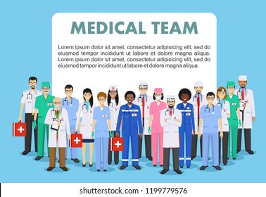 Medical concept. Detailed illustration of doctor and nurses in flat style isolated on blue background. Practitioner doctors man and woman standing in different positions. Vector illustration.