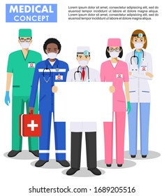 Medical concept. Detailed illustration of doctor and nurses in protective masks. Group of doctors man and woman standing together and holding empty placard. Virus, infection, epidemic, quarantine.