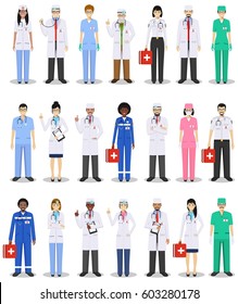 Medical concept. Detailed illustration of doctor and nurses in flat style isolated on white background. Practitioner doctors man and woman standing in different positions. Vector illustration