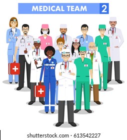 Medical concept. Detailed illustration of doctor and nurses in flat style isolated on white background. Practitioner doctors man and woman standing in different positions. Vector illustration