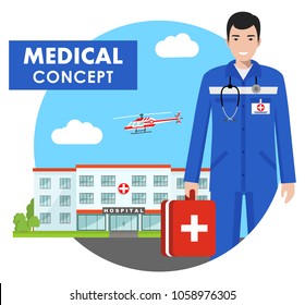 Medical concept. Detailed illustration of emergency doctor man in uniform on background with hospital and flying helicopter in flat style. Vector illustration.