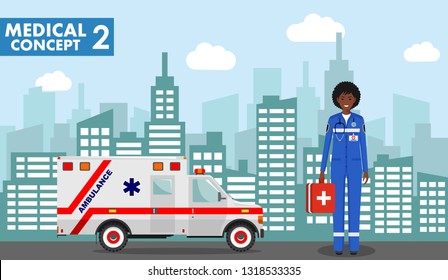 Medical concept. Detailed illustration of emergency doctor african american woman in uniform on background with cityscape in flat style. Vector illustration.