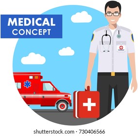 Medical concept. Detailed illustration of emergency doctor man in uniform on background with ambulance car in flat style. Vector illustration.