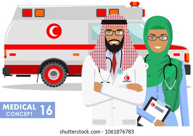 Medical concept. Detailed illustration of muslim arabian paramedic man, emergency doctor, nurse and ambulance car in flat style on white background. Vector illustration.