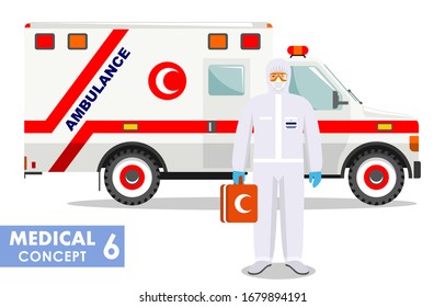 Medical concept. Detailed illustration of muslim arabian emergency doctor in protective suit and mask near ambulance car in flat style background. Virus, infection, epidemic, quarantine. Vector.