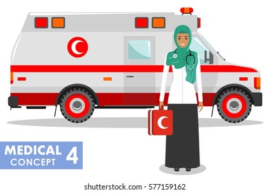 Medical concept. Detailed illustration of muslim arabic emergency doctor woman and ambulance car in flat style on white background. Vector illustration