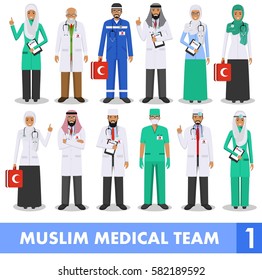 Medical concept. Detailed illustration of muslim arabian doctor and nurses in flat style isolated on white background. Practitioner arabic doctors man and woman standing. Vector illustration