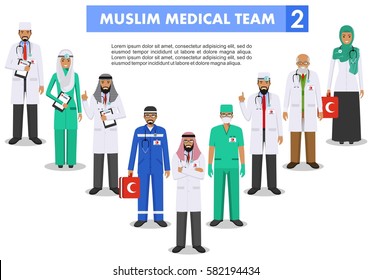 Medical concept. Detailed illustration of muslim arabian doctor and nurses in flat style isolated on white background. Practitioner arabic doctors man and woman standing. Vector illustration