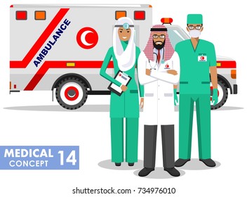 Medical concept. Detailed illustration of muslim paramedic man, emergency doctor, nurse and ambulance car in flat style on white background. Vector illustration.