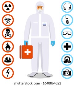 Medical concept. Detailed illustration of standing man in white protective suit and mask in flat style. Dangerous profession. Virus, infection, epidemic, quarantine. Safety and health vector icons.