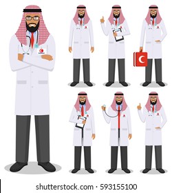 Medical concept. Detailed illustration of young muslim arabian doctors in flat style isolated on white background. Practitioner arabic doctor man standing in different positions. Vector illustration