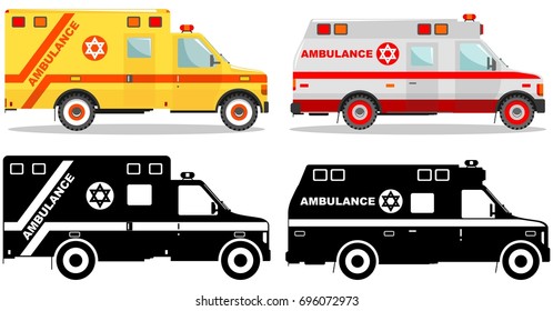   Concepto médico. Diferentes ambulancias tipo jewish aisladas de fondo blanco en estilo plano: silueta de color negro. Ilustración vectorial.