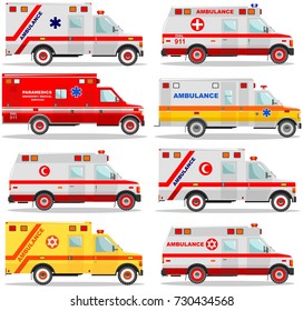 Medical concept. Different kind jewish, muslim, american, european car ambulances isolated on white background in flat style. Vector illustration.