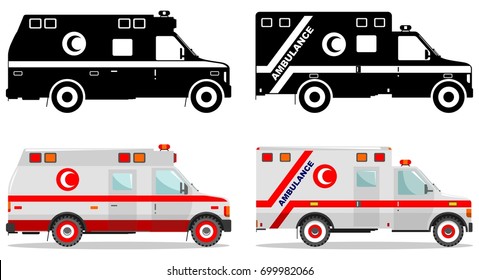  Concepto médico. Las ambulancias de diferentes tipos de autos musulmanes aisladas en fondo blanco en estilo plano: silueta de color negro. Ilustración vectorial.