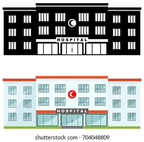 Medical concept. Different kind muslim hospital building isolated on white background in flat style: colored and black silhouette. Vector illustration.