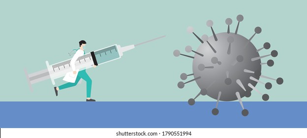 Medical concept. Doctor hold the the very big syringe and run to the COVID-19 coronavirus. For prevention, immunization, cure and treatment about medical of people mankind. Vector Illustration.