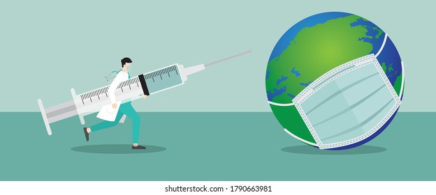 Medical concept. Doctor hold the the very big syringe and run to the world wear mask that infect and sick. For prevention, immunization, cure and treatment about medical of people mankind. 