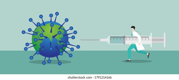 Medical concept. Doctor hold the the very big syringe and run to to the world that infect COVID-19 coronavirus. For prevention, immunization, cure and treatment about medical of people mankind. 