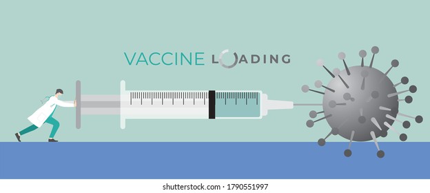 Medical concept. Doctor inject vaccine to COVID-19 coronavirus by the very big syringe. Try to loading vaccine into it to prevention, immunization, cure and treatment about medical of people mankind.