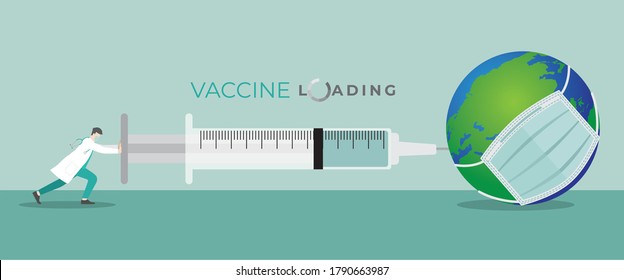 Medical concept. Doctor inject vaccine to the world wear mask that infect and sick by very big syringe. Try to loading vaccine into it to prevention. cure and heal about medical of people mankind.