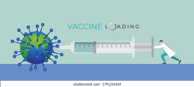 Medical concept. Doctor inject vaccine to the world that infect COVID-19 coronavirus by the very big syringe. Try to loading vaccine into it for cure and heal about medical of people mankind.