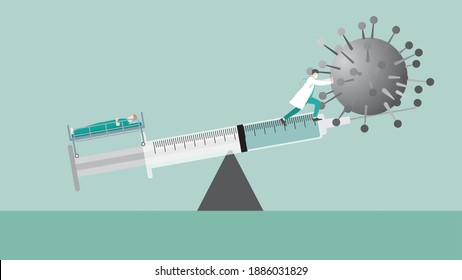 Medical concept. Doctor keeping balance on vaccine syringe on seesaw between virus and patient. Fight the epidemic of the virus. Protection, Prevention, Immunization, Infection control of humanity.