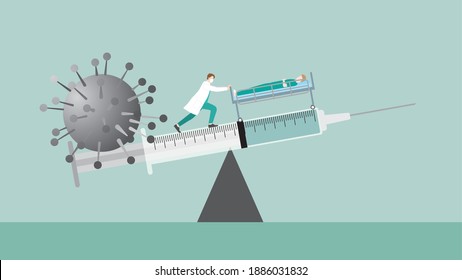 Medical concept. Doctor keeping balance on vaccine syringe on seesaw between virus and patient. Fight the epidemic of the virus. Protection, Prevention, Immunization, Infection control of humanity.