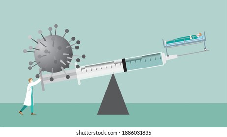 Medical concept. Doctor keeping balance on vaccine syringe on seesaw between virus and patient. Fight the epidemic of the virus. Protection, Prevention, Immunization, Infection control of humanity.