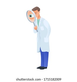 Medical concept. Doctor looks through a magnifying glass, vector illustration