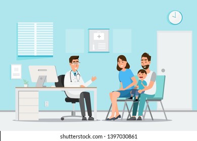 Medical concept with doctor and patients in flat cartoon on hospital hall. Vector illustration 