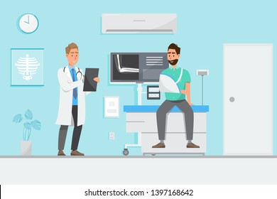 Medical concept with doctor and patients in flat cartoon on hospital hall. Vector illustration 