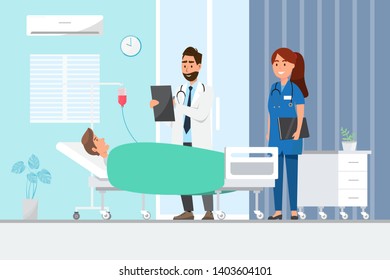 Medical concept with doctor and patients in flat cartoon on hospital hall. Vector illustration