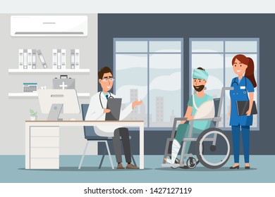 Medical concept with doctor and patients in flat cartoon at hospital hall. Vector illustration