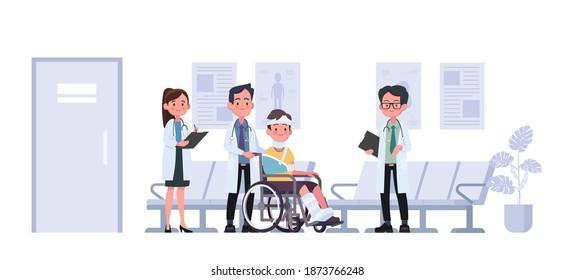 Medical Concept With Doctor And Patients In Flat Cartoon At Hospital Hall.